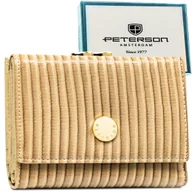 Portfele - Portfel damski z zapięciem na bigiel i zatrzask PETERSON rfid stop mały elegancki lakierowany skóra naturalna i ekologiczna beżowy rozbudowany na ka.. - miniaturka - grafika 1