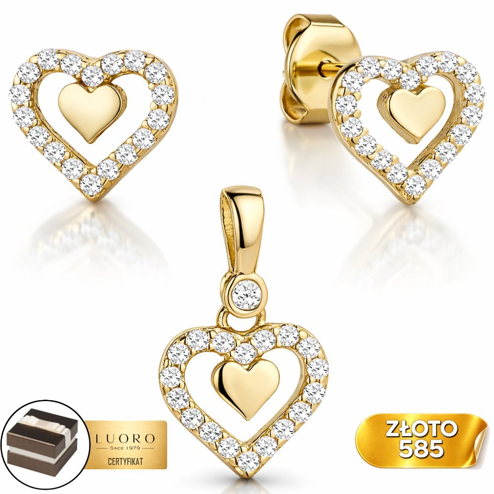 KOMPLET ZŁOTY 585 14K KOLCZYKI ZAWIESZKA SERCE CYRKONIE 15 MM ELEGANCKI