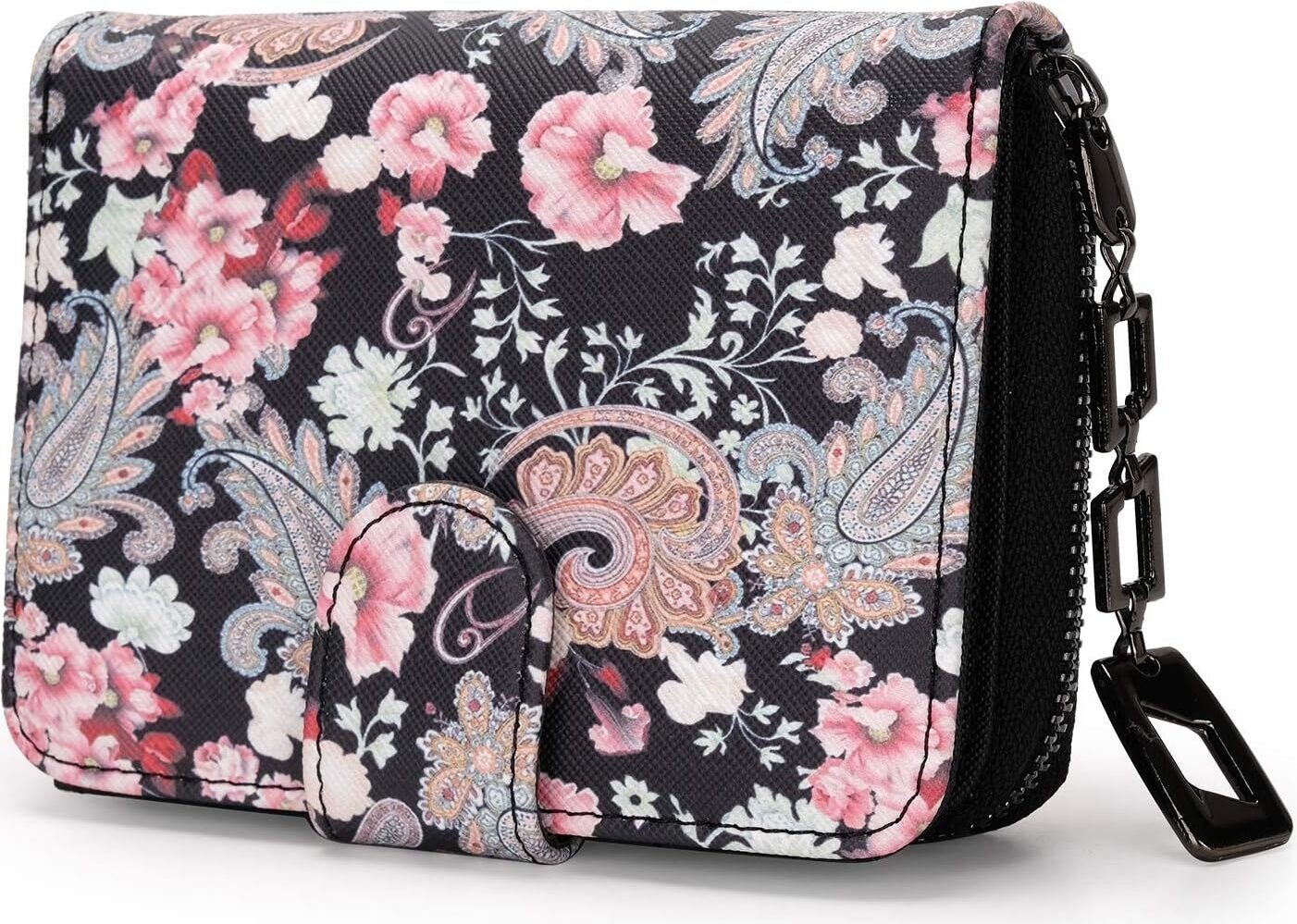 Duży portfel damski w długim formacie, portfel damski z kwiatami i kwiatowym wzorem w mandali i stylu etnicznym, portmonetka damska z zamkiem błyskawicznym i zatrzaskiem