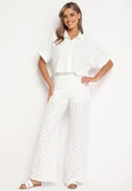 Komplety damskie - Biały Komplet Ażurowy Krótka Koszula Zapinana na Guziki Spodnie z Gumką w Talii Rivasheas - miniaturka - grafika 1