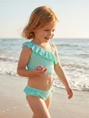Stroje kąpielowe dla dziewczynek - Sinsay - Dwuczęściowy strój kąpielowy z asymetrycznym dekoltem i falbaną - turkusowy - miniaturka - grafika 1