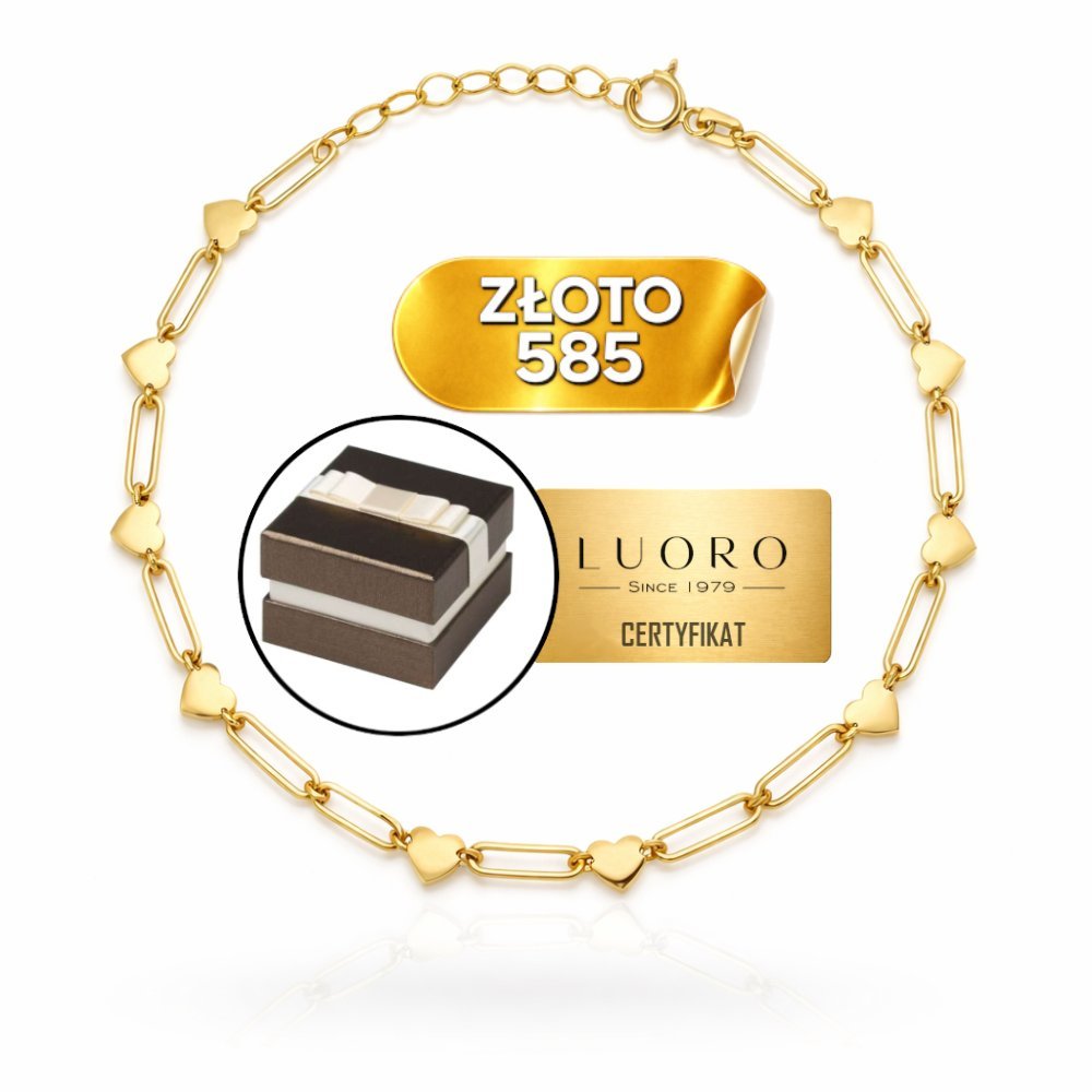 BRANSOLETKA ZŁOTA 585 14K PODŁUŻNE OGNIWA SERCA NA NOGĘ 22 CM REGULOWANA