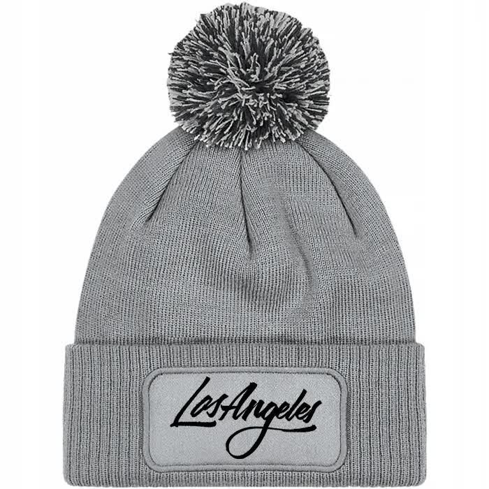 Czapka Szara z Pomponem LOS ANGELES Zimowa Na Prezent Wzory
