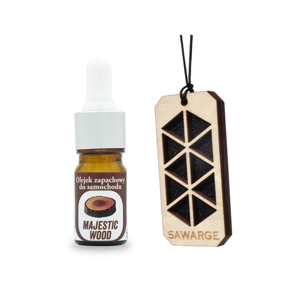Elegancki odświeżacz do aut/Drewniana zawieszka + olejek zapachowy 5ml Majestic Wood/SAWARGE CANDLES