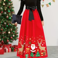 Sukienki - TEMU Elegancka sukienka damska na Boże Narodzenie z czerwono-złotym zimowym nadrukiem - długa, formalna sukienka w kształcie litery A z długim - miniaturka - grafika 1