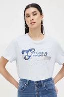 Koszulki sportowe damskie - Guess t-shirt bawełniany kolor niebieski - miniaturka - grafika 1