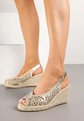 Sandały damskie - Złote Sandały w Ażurowy Wzór na Koturnie z Plecionki Valirna - miniaturka - grafika 1