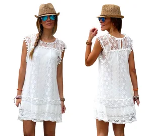 LETNIA TUNIKA PLAŻOWA SUKIENKA KORONKA BOHO BIAŁA NARZUTKA NA PLAŻĘ PAREO - Bluzki damskie - miniaturka - grafika 1