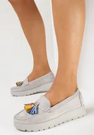 Półbuty damskie - Szare Półbuty Mokasyny z Ekozamszu na Grubej Podeszwie z Frędzlami Redolla - miniaturka - grafika 1