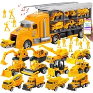 Zabawki konstrukcyjne - ZESTAW POJAZDÓW BUDOWLANYCH 14w1 – Transporter + 12 Mini Maszyn + Dźwięki i Światła PREZENT DLA MAŁEGO BUDOWNICZEGO + EBOOK - miniaturka - grafika 1