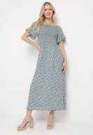 Sukienki - Niebieska Bawełniana Sukienka w Kwiatki z Hiszpańskim Elastycznym Dekoltem Bleriama - miniaturka - grafika 1