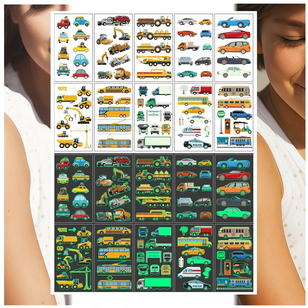 Tatuaże Zmywalne Świecące w Ciemności Auta Koparki 10 Wzorów