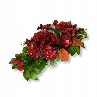 STROIK NA GRÓB CZERWONY sztuczne hortensje róże kalie kompozycja obciążona - Sztuczne kwiaty - miniaturka - grafika 1