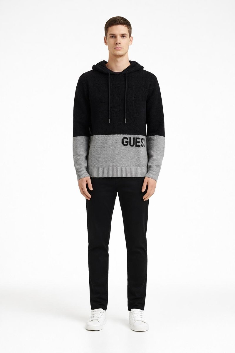 GUESS MĘSKI SWETER Z KAPTUREM W CZARNO SZARYM KOLORZE M GGA