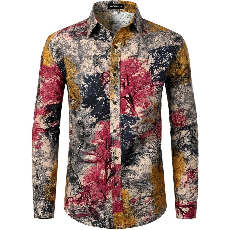 Męska Koszula Lniana w Drzewa Tradycyjna Elegancka Stylowa Slim Fit S