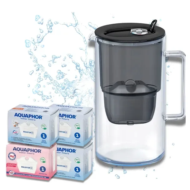 Dzbanek filtrujący +4 filtry Maxfor (1Mg + 3) szklany Aquaphor Glass czarny