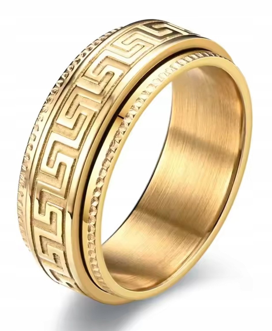 Złoty Pierścień Grecki Klucz Obrotowy Sygnet Anxiety Ring Stal Szlachetna