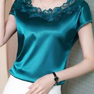 Koszule damskie - TEMU Elegancka Bluzka Damska w Kolorze Turkusowej Zieleni z Koronkowymi Rękawami - Okrągły Dekolt, Krótki Rękaw Letni Top z Kontrastowym Wykończeniem - miniaturka - grafika 1