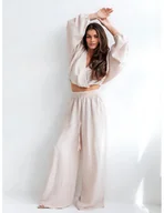 Komplety damskie - Komplet lniany z szerokimi spodniami SAFFI - beżowy - miniaturka - grafika 1