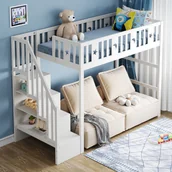 Łóżka dla dzieci i młodzieży - Łóżko piętrowe 90 x 200 cm ze schodami i półkami do przechowywania - Sosna + sklejka + MDF - Białe (Bez materaca) - miniaturka - grafika 1