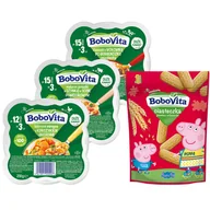 Przekąski dla dzieci - Zestaw BoboVita Świnka Peppa Ciasteczka pszenno-orkiszowe, po 1 roku, 150 g + obiadek, 3 x 250 g - miniaturka - grafika 1