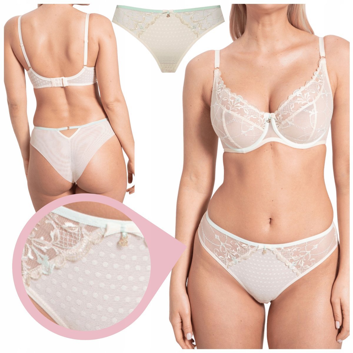 Samanta LAURA M300 majtki brazyliany biszkoptowe miętowe haft kropeczki- XL