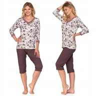 Piżamy damskie - Piżama Damska Wiskoza Elegancka 3/4 Rękaw Spodnie Kwiaty Koronka S MORAJ - miniaturka - grafika 1