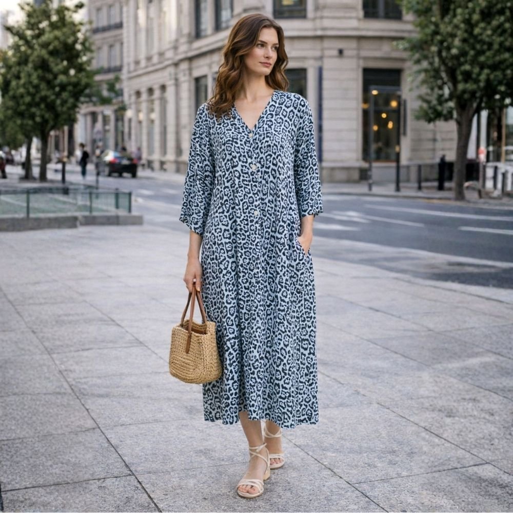 Sukienka damska panterka błękitna 100% wiskoza oversize Włoska One Size