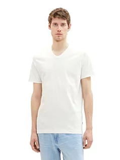Koszulki męskie - TOM TAILOR Męski T-shirt basic z dekoltem w serek, 10332 – Off White, L - grafika 1