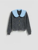 Swetry damskie - Reserved - Kardigan z kołnierzykiem - szary - miniaturka - grafika 1