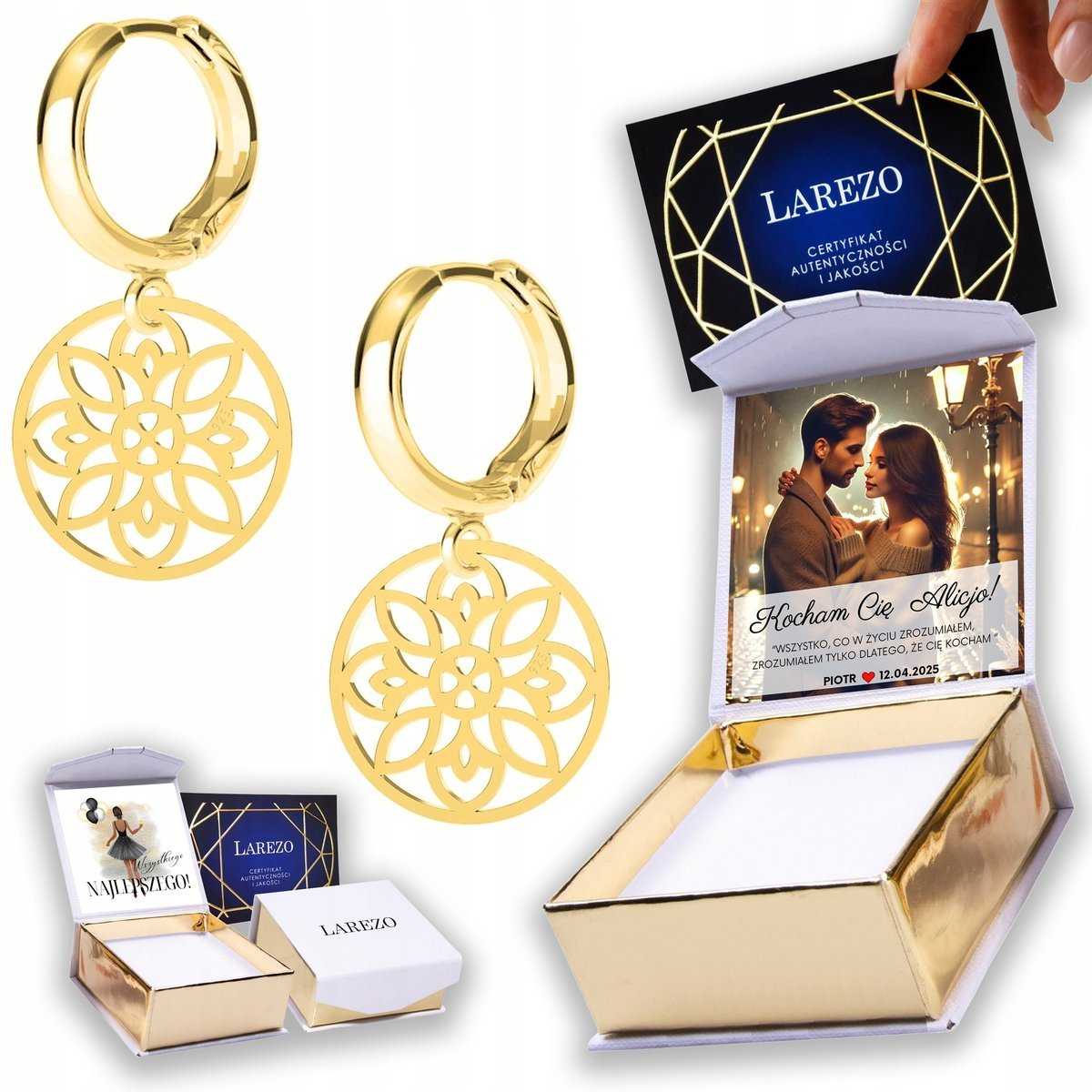 Złote Kolczyki 925 Ażurowy Kwiat Blaszki z Kwiatkiem Kwiatki NADRUK