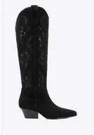 Półbuty męskie - Długie damskie kowbojki ze skóry zamszowej z haftem czarne - miniaturka - grafika 1