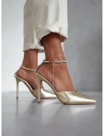 Czółenka - Wysokie szpilki z ozdobnym łańcuszkiem - złote - miniaturka - grafika 1