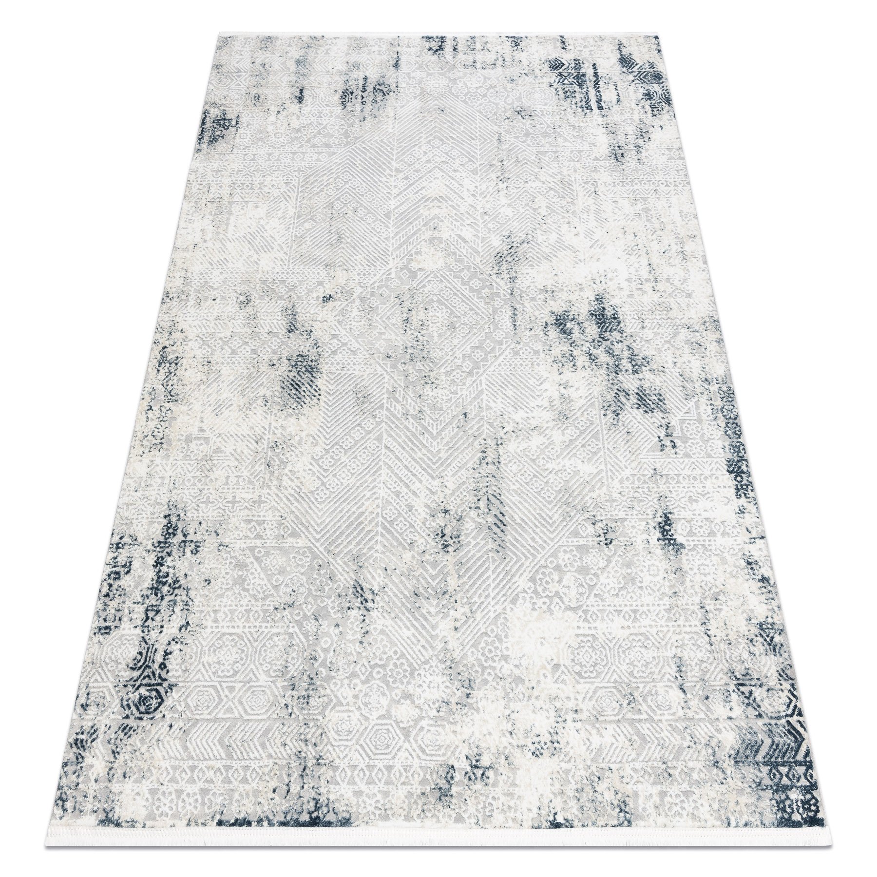 Dywan DUKE 51558 krem / - Geometryczny vintage, strukturalny, bardzo miękki, frędzle niebieski 160x220 cm