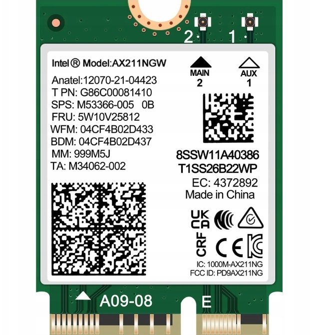 Karta sieciowa Intel Wewnętrzna do laptopa AX211 CNVio2 WIFI 6E + Bluetooth