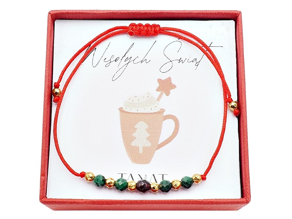 Sznurkowa bransoletka z kamień naturalny granat malachit Prezent Świąteczny