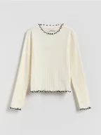 Bluzki dla dziewczynek - Reserved - Prążkowana koszulka - złamana biel - miniaturka - grafika 1