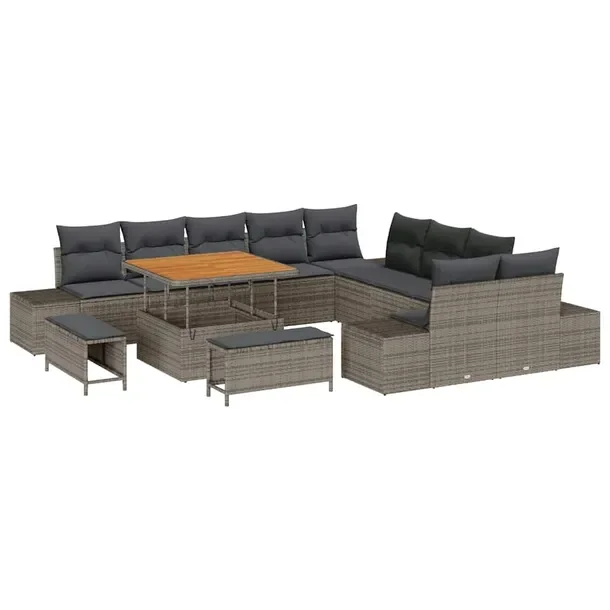 Zestaw Sofa Ogrodowa 13-częściowy z Poduszkami, Szary, Rattan
