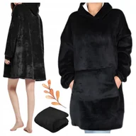 Bluzy damskie - Bluza Koc Oversize z Kapturem XXL Miękka Kocobluza Długa Futrzana Czarna - miniaturka - grafika 1