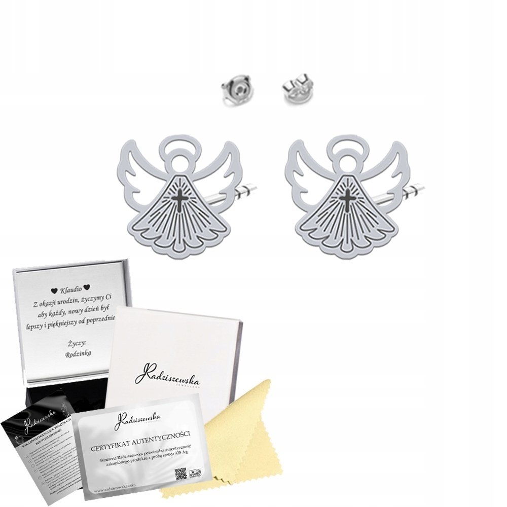 Kolczyki Srebrne z Aniołkiem 925 Prezent I Komunia Święta ŻYCZENIA GRATIS