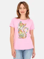 Bluzki damskie - BAWEŁNIANA BLUZKA DAMSKA Z KOLOROWYM NADRUKIEM KOTA - miniaturka - grafika 1