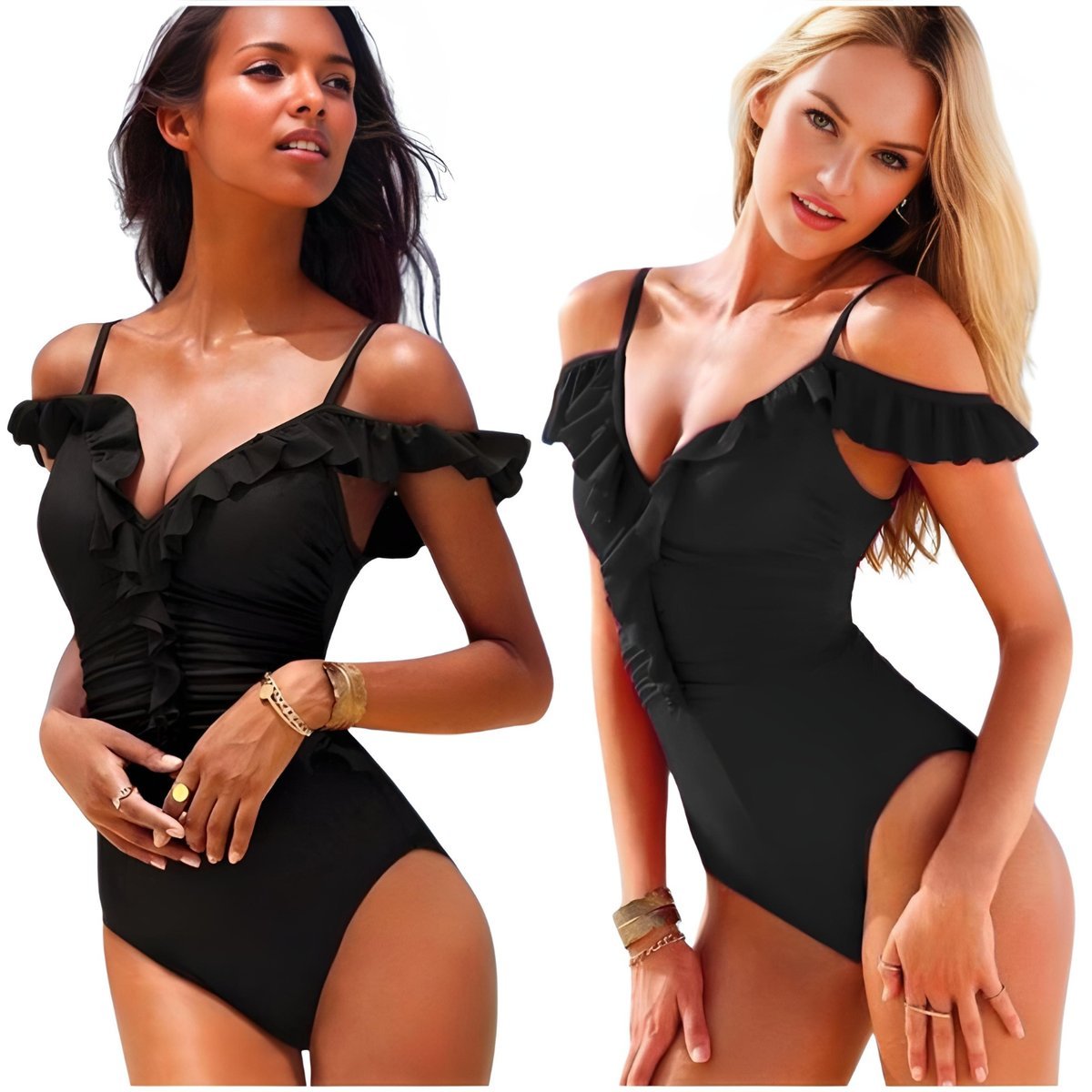 Strój Kąpielowy Jednoczęściowy, Czarny Z Falbanką, Wyszczuplający, Rozmiar M