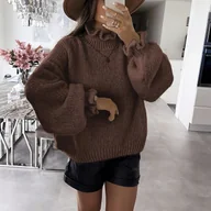 Swetry damskie - TEMU Elegancki sweter damski z wysokim dekoltem i falbankami na rękawach - Gruby, ciepły sweter w kolorze różowym, idealny na jesień i zimę, styl , - miniaturka - grafika 1