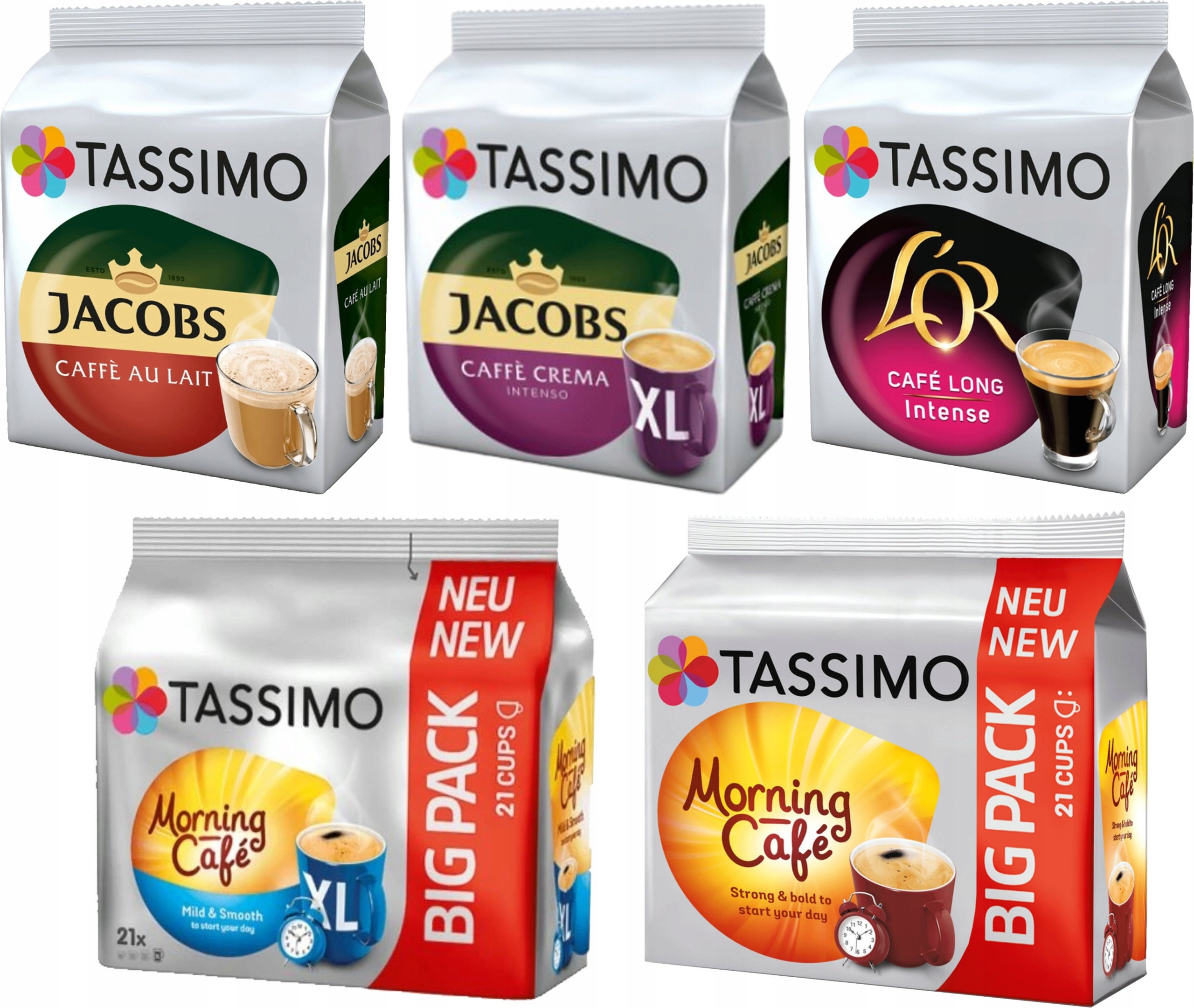 Kapsułki Tassimo mix zestaw kaw czarnych i Au Lait 5 opakowań, 90 sztuk