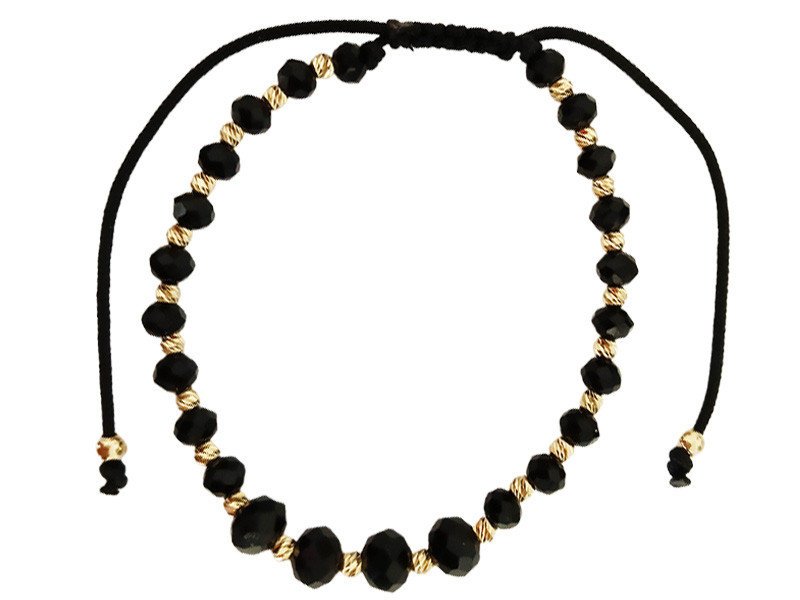 Złota bransoletka na sznurku ze złotymi kuleczkami 585 i czarnymi kulkami