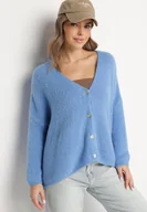 Swetry damskie - Niebieski Kardigan z Dekoltem w Serek z Dzianiny z Wełną i Moherem Lismio - miniaturka - grafika 1