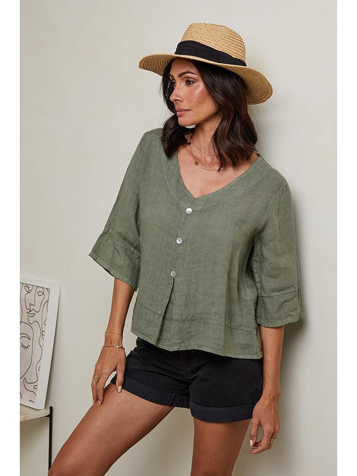 Le Monde du Lin Lniana koszulka w kolorze zielonym