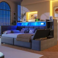 Sofy i kanapy - Sofa rozkładana 90 x 190 cm - z 2 szufladami - z portami USB + Type-C - z oświetleniem LED - tkanina welurowa - ciemnoszara - miniaturka - grafika 1