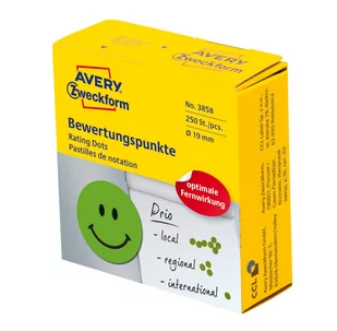 Avery Zweckform Kółka z symbolami do zaznaczania w dyspenserze 'Uśmiechnięta buźka', trwałe, 250 szt. / rolka, $61619 mm, zielone, Zweckform 3858 - Etykiety do drukarek - miniaturka - grafika 1