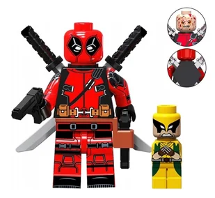 Klocki figurka ludzik DEADPOOL i MINI WOLVERINE AVENGERS Marvel 2-główki miecze pistolety podstawka - Klocki - miniaturka - grafika 1